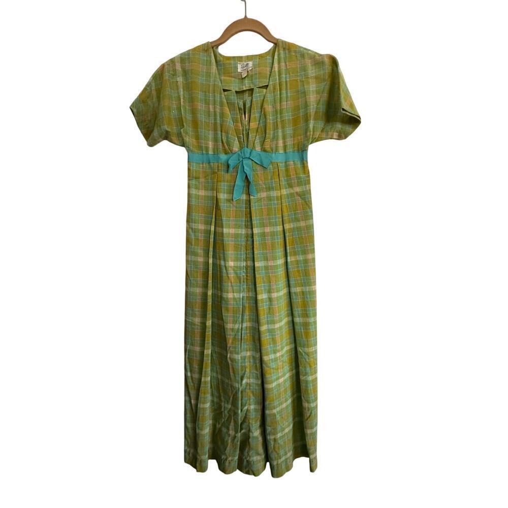 Vintage Bete Collection Honolulu Green Plaid Pattern V-Neck Midi Dress Size 2